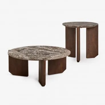 Conjunto De 2 Mesas De Centro Redondas Em Pedra Natural E Madeira De Mangueira Lavinia Mármore Castanho Emperador & Madeira De Cabo Escuro - Sklum