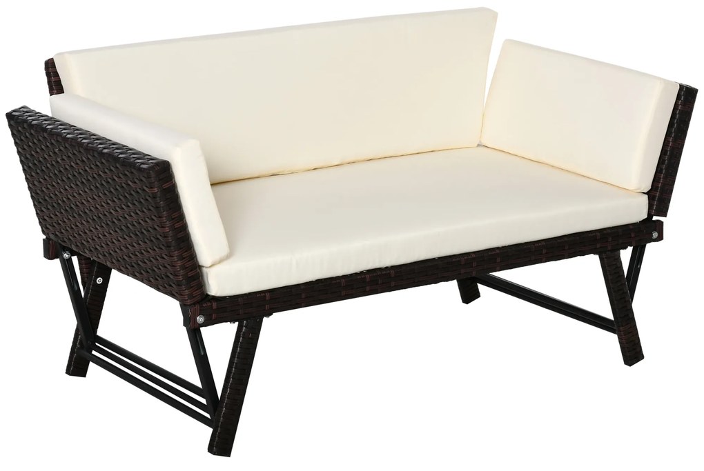 Sofá de 2 Lugares Vime Sintético Convertível em Cama Sofá de Jardim Exterior com Almofada Mobiliário Pátio Terraço 129x63x67 cm Castanho e Bege