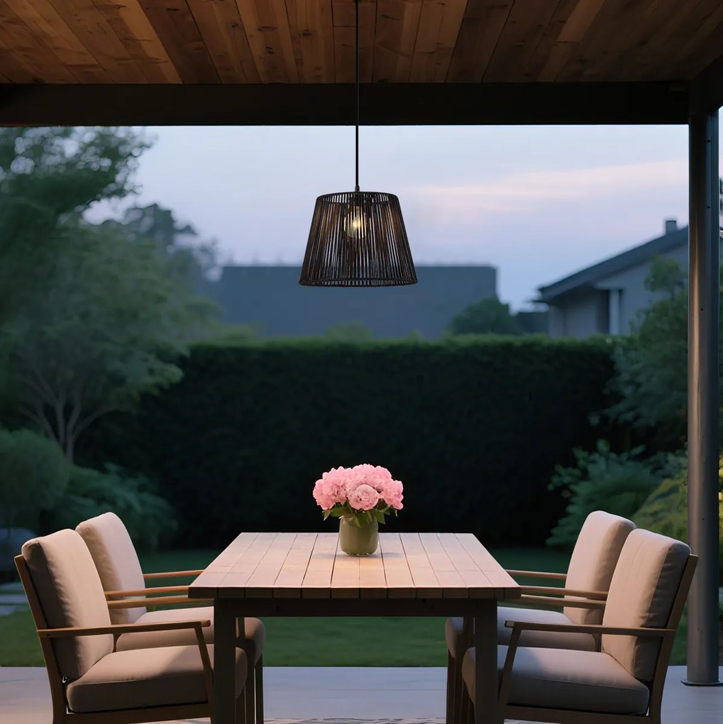 Candeeiro suspenso de exterior preto com abajur de corda preta IP44 - Cava Jayla