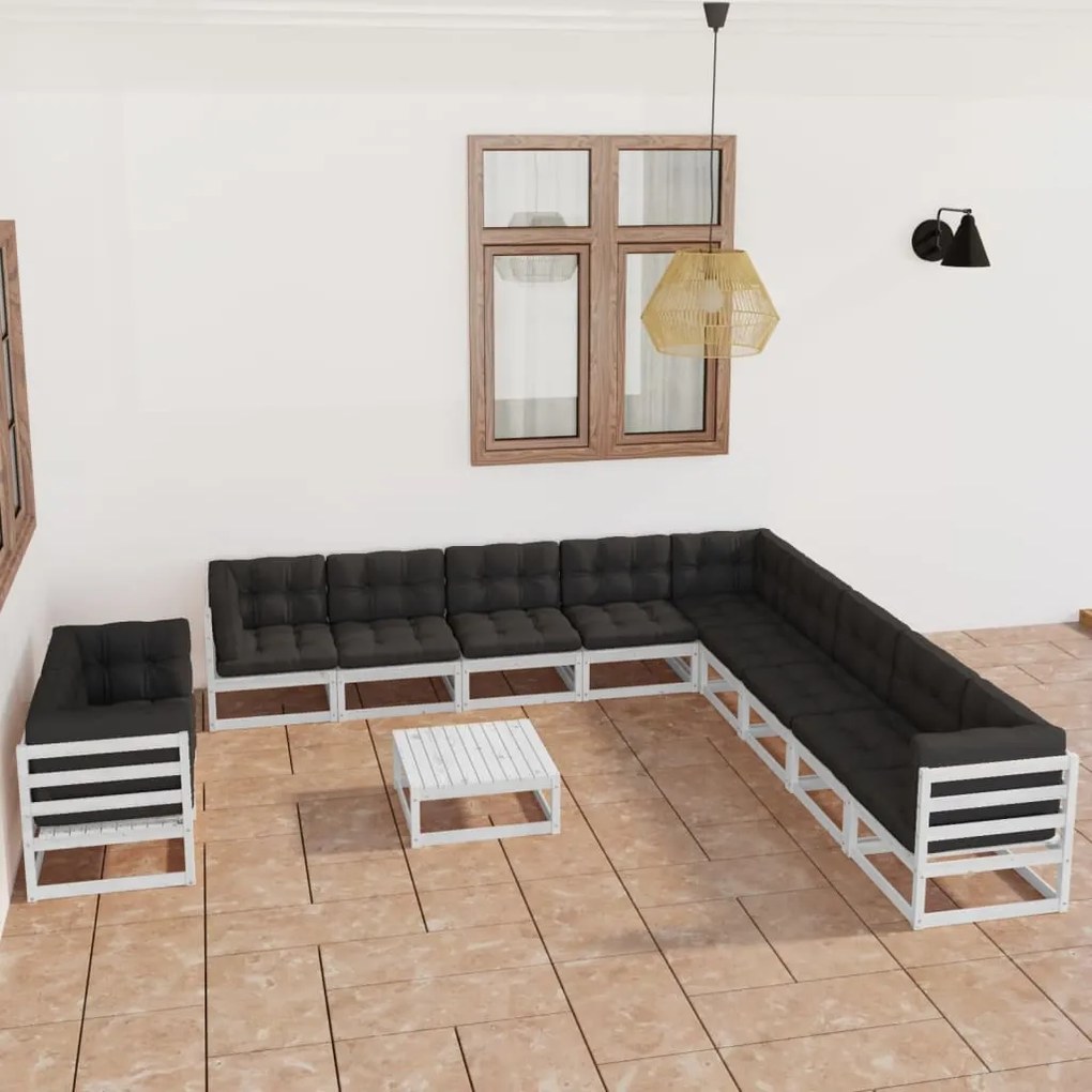 vidaXL 12 pcs conj. lounge de jardim c/ almofadões pinho maciço branco