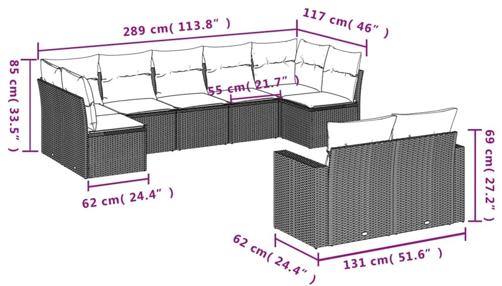 9 pcs conjunto sofás p/ jardim c/ almofadões vime PE castanho