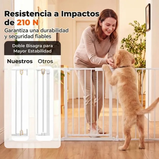 Barreira de segurança para crianças ou animais com 3 painéis metálicos 74,5-198 x 74,5 cm, bloqueio duplo e abertura bidirecional, branca
