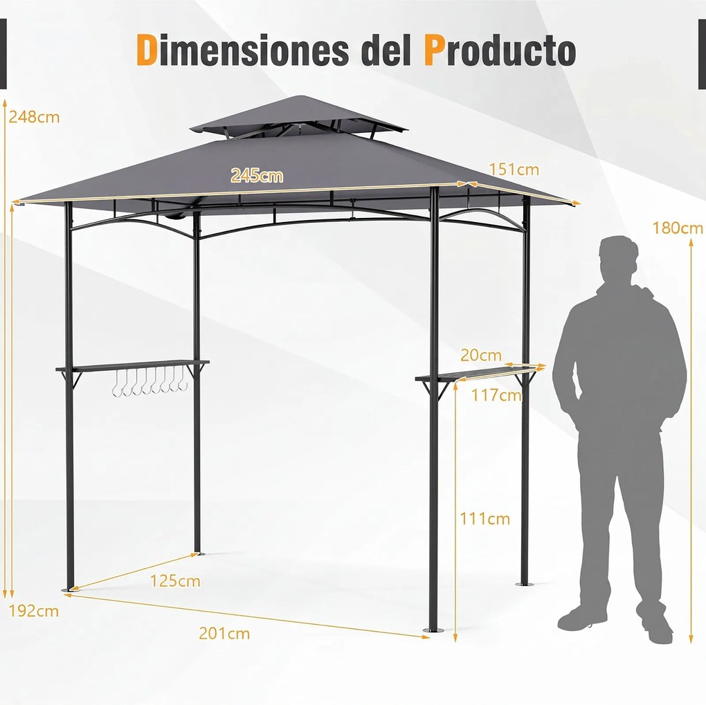 Gazebo para Grelhador de Exterior (GRELHADOR NÃO INCLUIDO), 245 x 151 x 248 cm, Cobertura Dupla, Cinzento