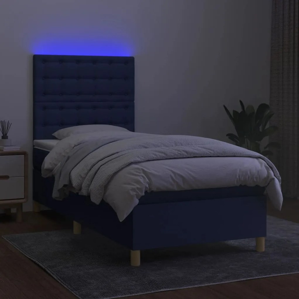 Cama box spring c/ colchão e LED 90x190 cm tecido azul