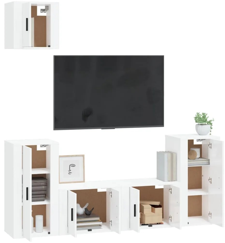 5 pcs conjunto móveis de TV madeira processada branco brilhante