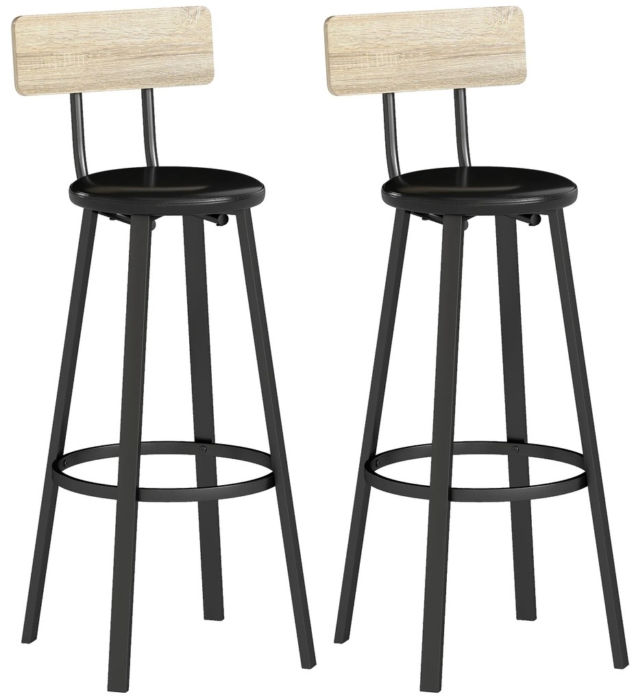 HOMCOM Conjunto de 2 Bancos de Bar Bancos Altos de Cozinha com Encosto e Apoio para Pés Estofados em PU Assento 41,5x36,5x99,5 cm Madeira e Preto | Aosom Portugal