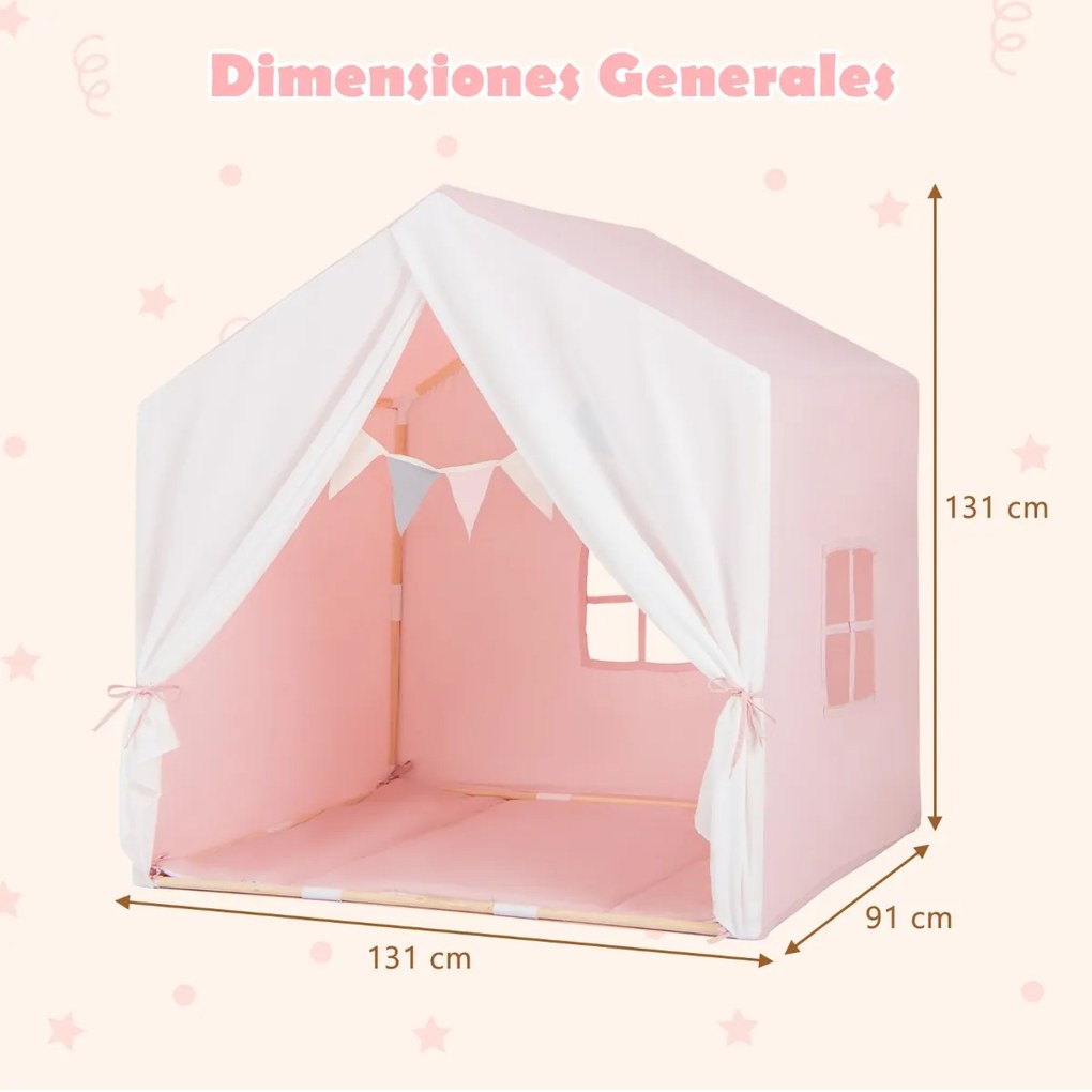 Tenda de brincar para crianças com colchão lavável e janelas Estrutura em madeira maciça 131 x 91 x 131 cm Rosa