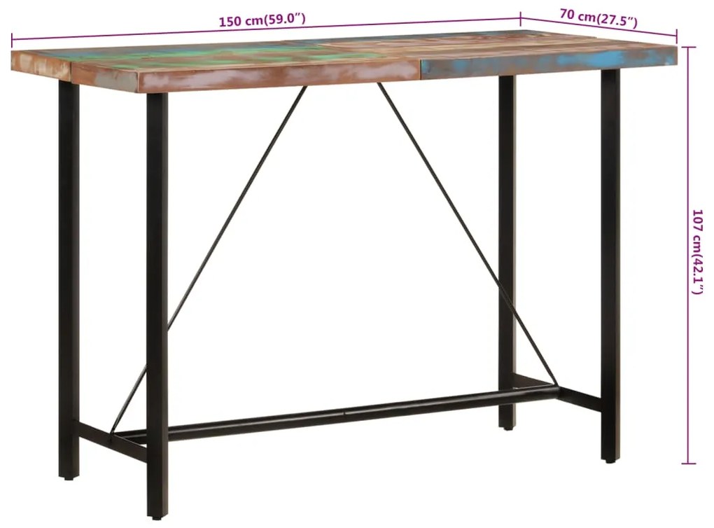 Mesa de bar 150x70x107 cm madeira recuperada maciça e ferro