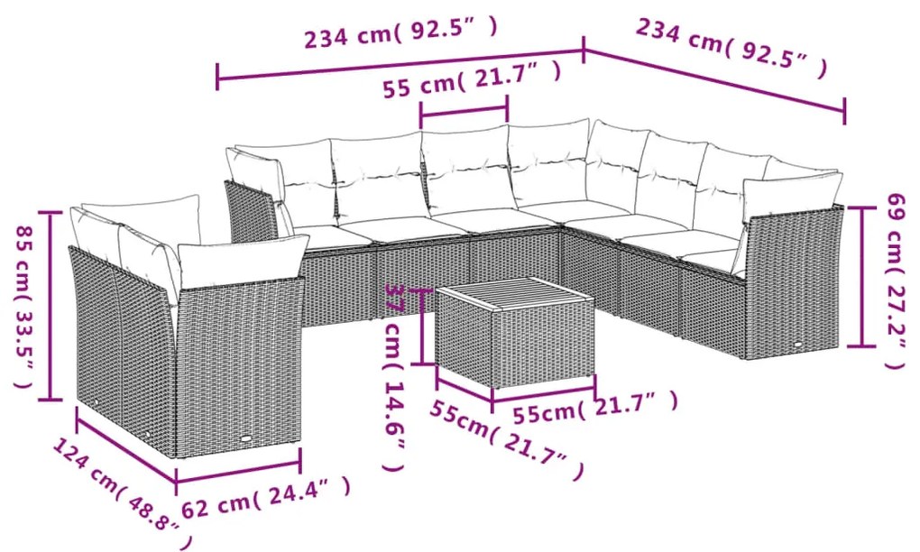 10 pcs conjunto sofás de jardim c/ almofadões vime PE preto