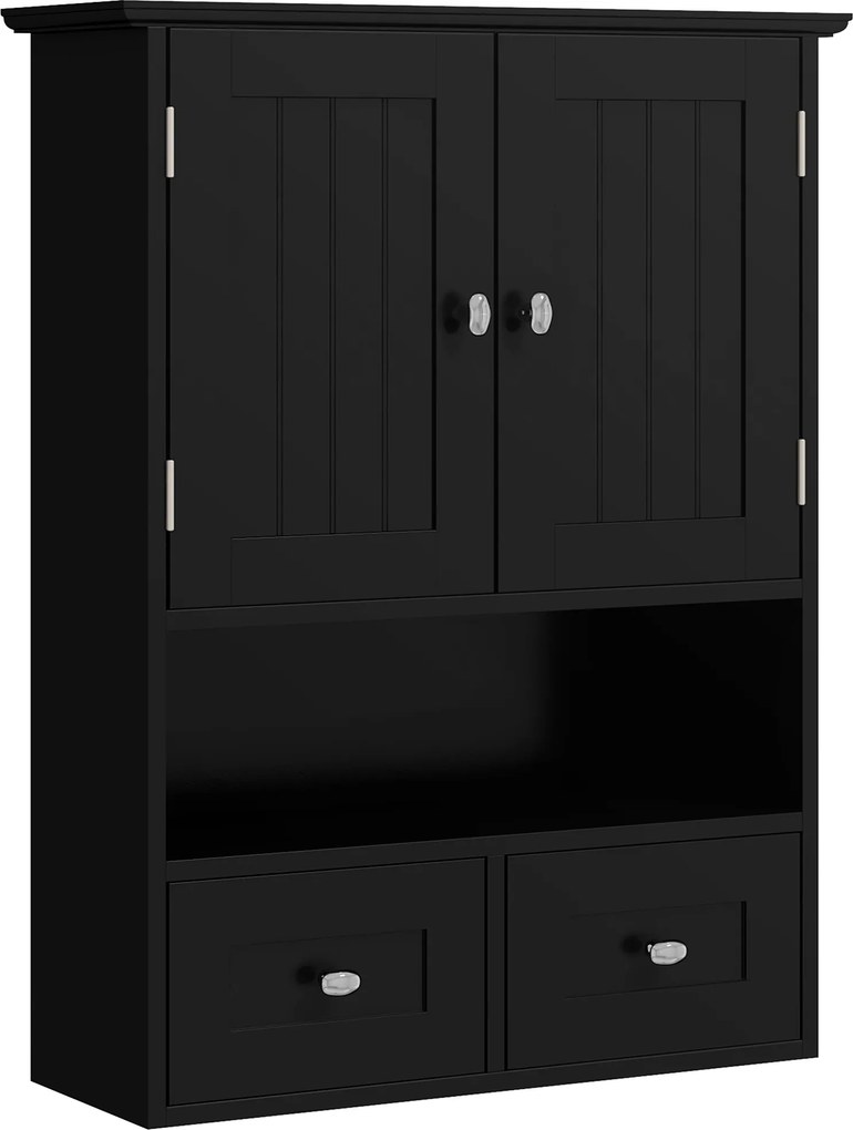 kleankin Armário de Parede para Casa de Banho com 2 Portas Prateleira Aberta e 2 Gavetas Estilo Moderno 50,8x17,8x66 cm Preto | Aosom Portugal