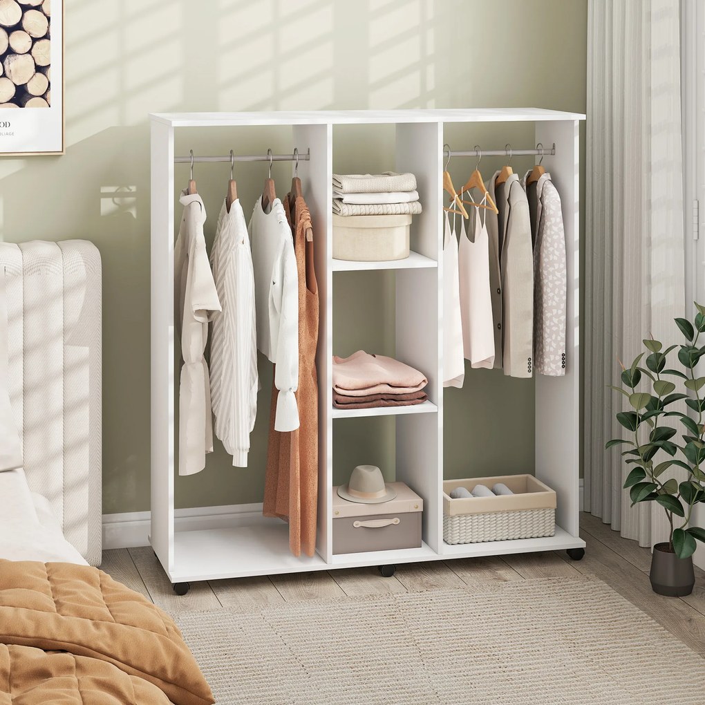 Guarda roupa aberto com varões, móvel de arrumação com rodas, 6 rodas, 120 x 40 x 128 cm, branco