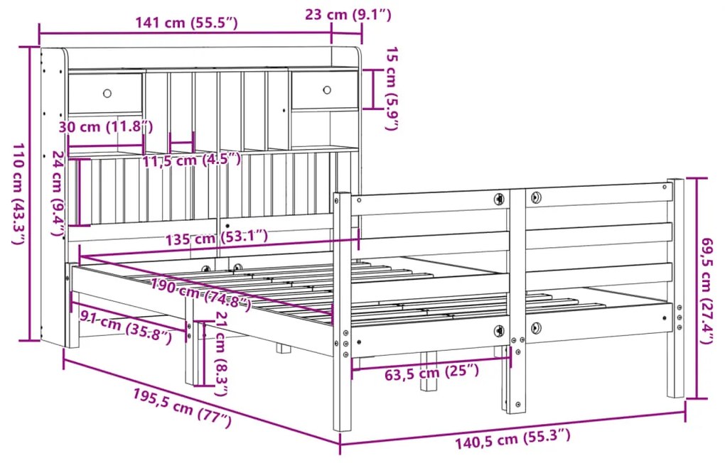 Cama com estante sem colchão 135x190 cm pinho maciço