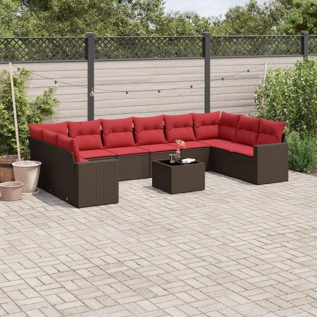 11 pcs conjunto sofás de jardim c/ almofadões vime PE castanho