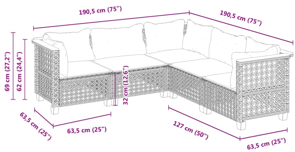 5 pcs conjunto sofás de jardim com almofadões vime PE preto