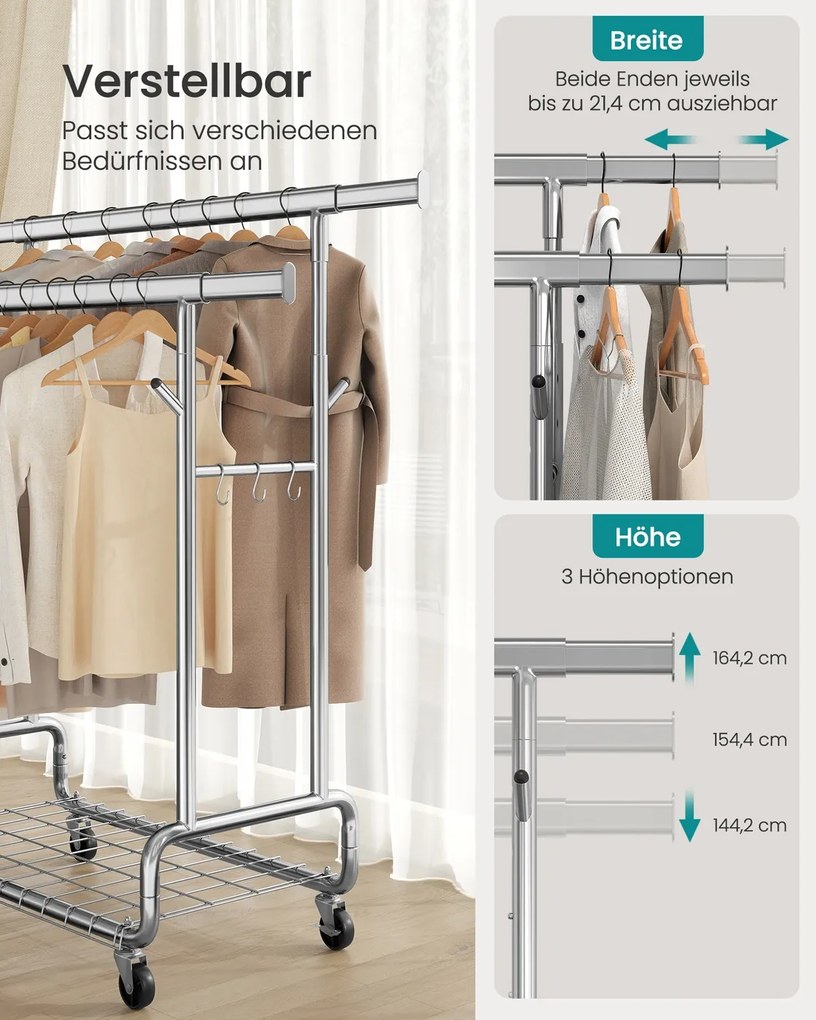 Guarda roupa aberto, cabide ajustavel, com prateleira e ganchos 52,5 x (107-149,8) x (144,2-164,2) prateado