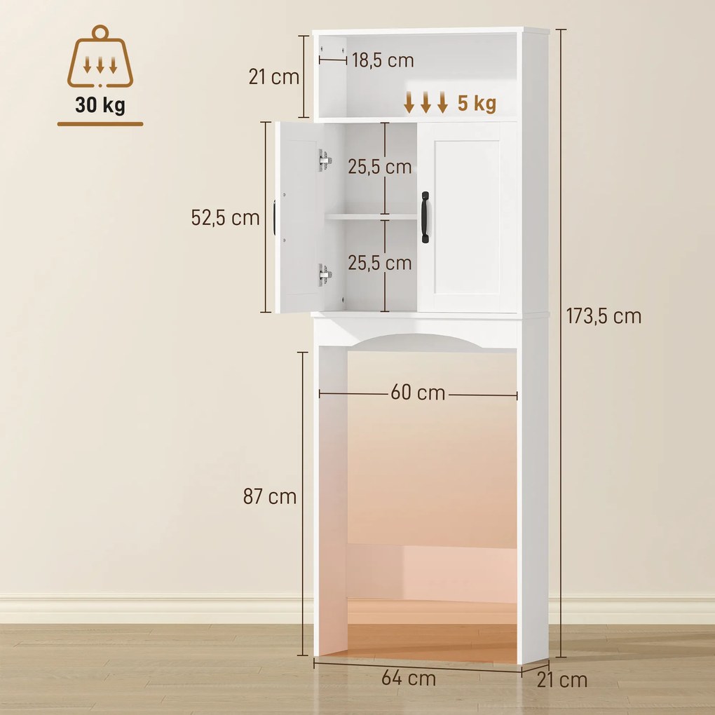 Armário sobre a Sanita, Móvel de Casa de Banho com 2 Portas de Fecho Suave e Prateleira Aberta, 64 x 21 x 173,5 cm, Branco