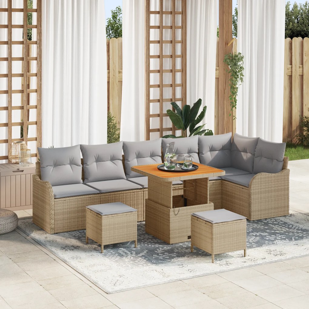 Conjunto de Sofá para Jardim 9 Peças com Almofadas Bege Rattan Acássia