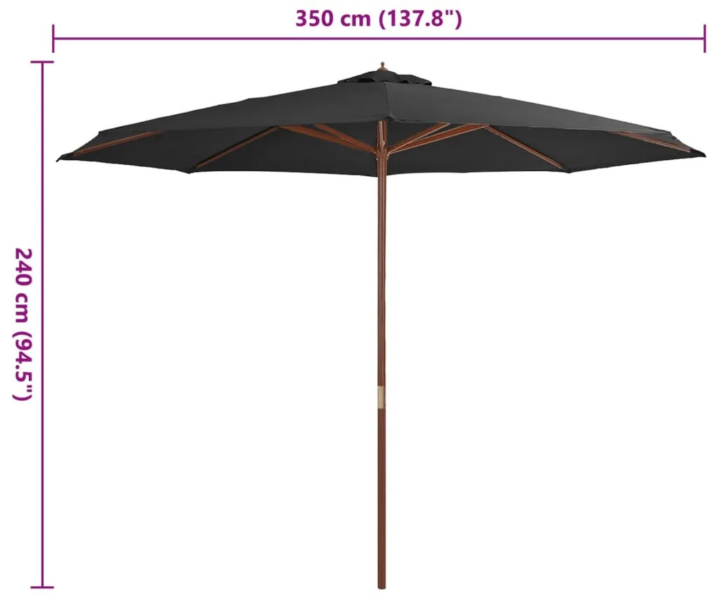 Guarda-sol de exterior com poste de madeira 350 cm antracite
