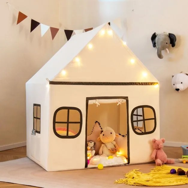 Casa de brincar para crianças para interior 120 x 101 x 143 cm, com luzes de estrelas e tapete acolchoado a partir dos 3 anos Bege + Café