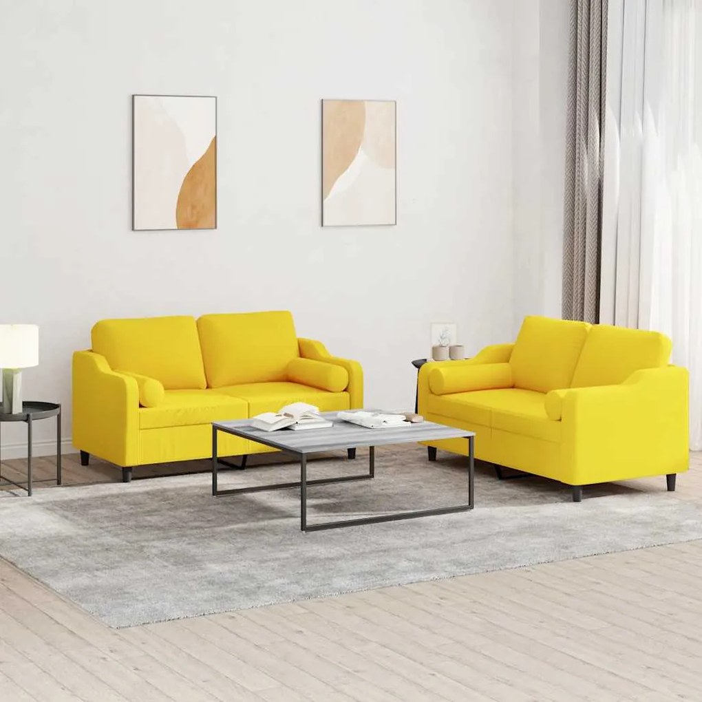 2 pcs conjunto de sofás com almofadas tecido amarelo-claro