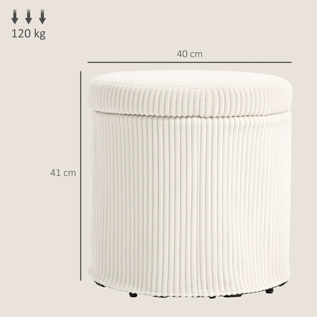 Puff de Arrumação Baú de Arrumação Redondo Estofado em Veludo Cotelê Tampa Removível Ø40x41 cm Creme