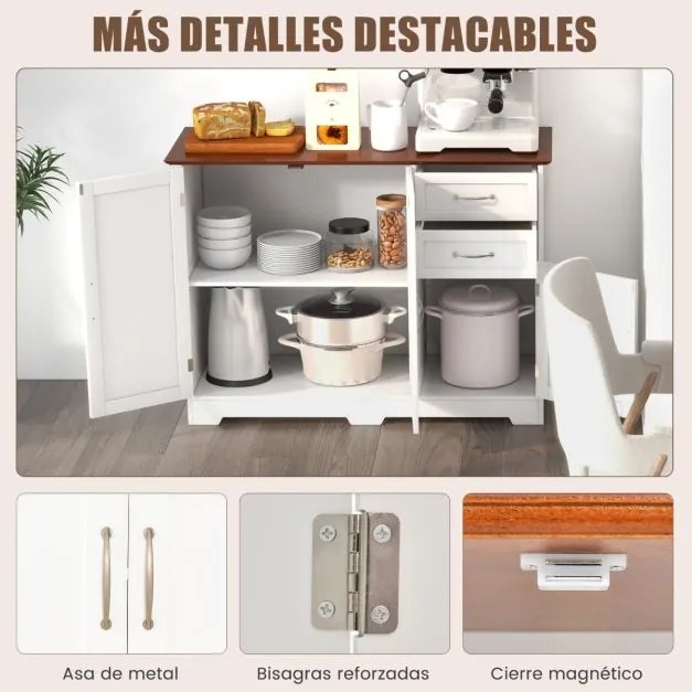 Armário de cozinha com 2 portas 2 gavetas Estante ajustável Armário de arrumação Buffet para sala de jantar 100 x 40 x 78 cm Branco