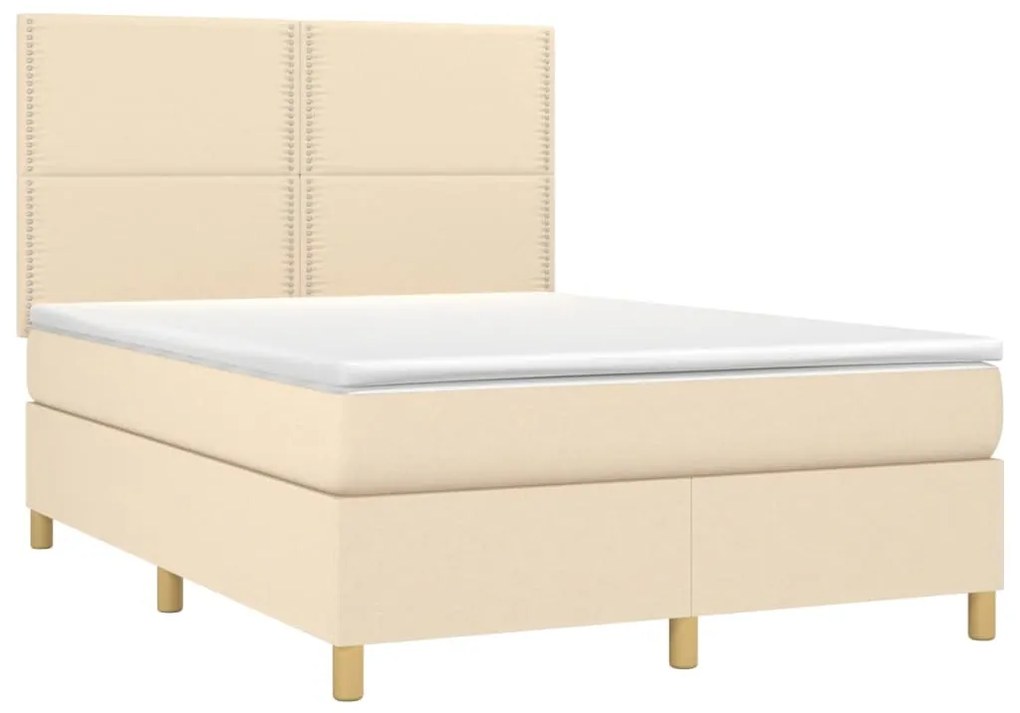 Cama box spring c/ colchão e LED 140x200 cm tecido cor creme