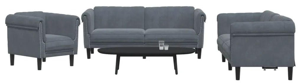 3 pcs conjunto de sofás veludo cinzento-escuro