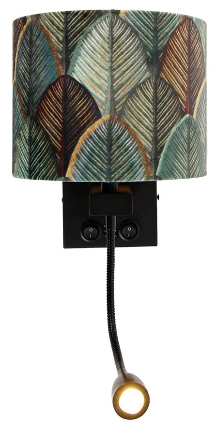 Candeeiro de Parede Preto com Abajur de Veludo, Design Folha e Interior Dourado - Brescia Combi Clássico / Antigo,Moderno