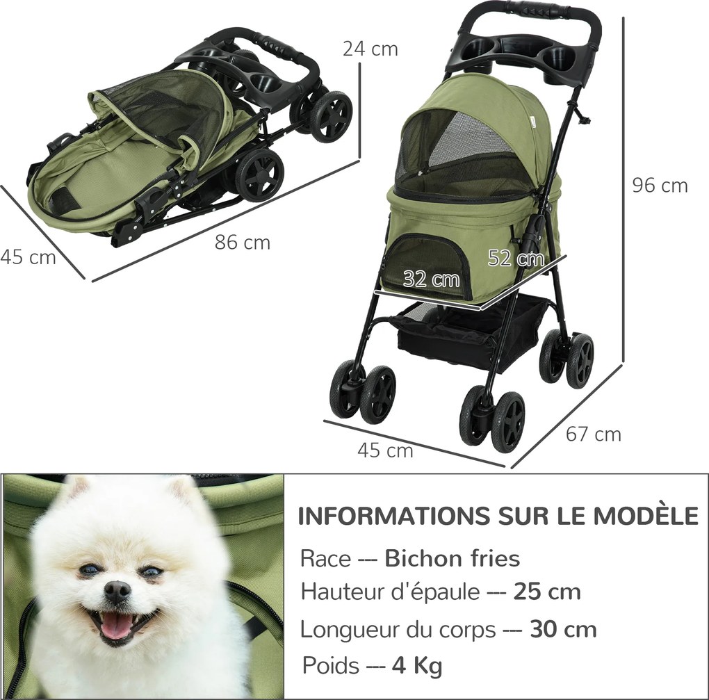 Carrinho de bebé dobrável para cães e gatos, com cesto de arrumação, porta-copos, tecido Oxford 300D impermeável, 4 rodas, verde