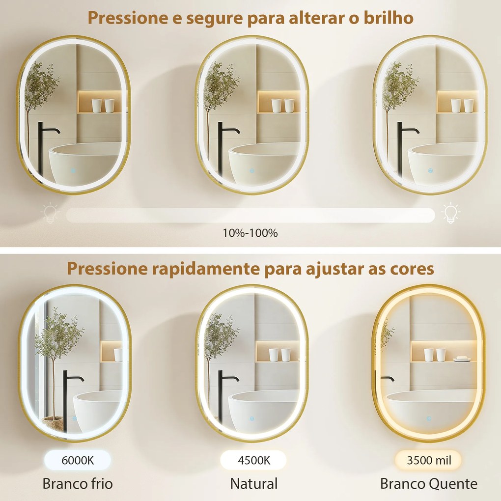 Armário de Casa de Banho com Espelho e Luzes LED de 3 Cores Armário de Parede Oval com Memória e Função Antivapor Dourado