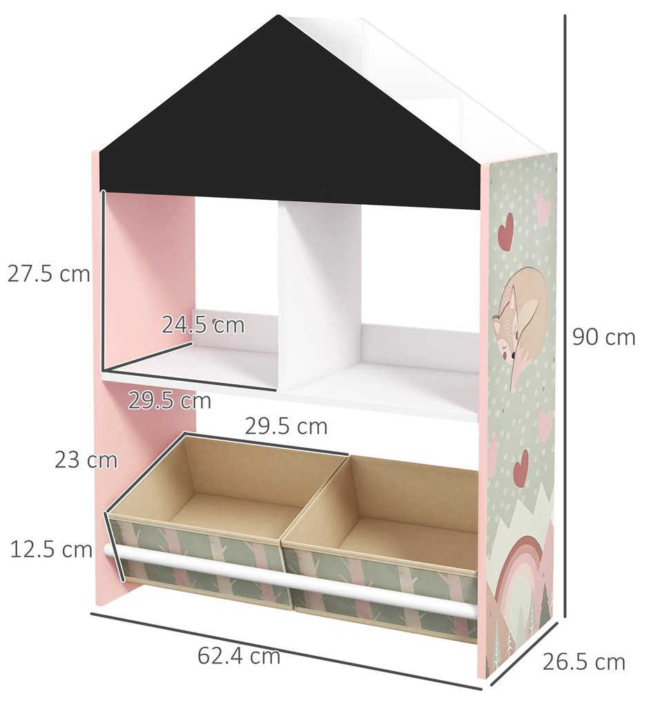 Estante para Brinquedos Organizador Infantil com Prateleiras Abertas e 2 Caixas de Tecido não Tecido Amovíveis 62,4x26,5x90 cm Rosa