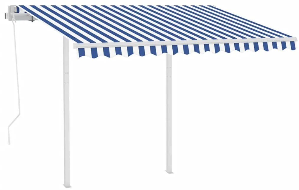 Toldo retrátil automático com postes 3,5x2,5 m azul e branco