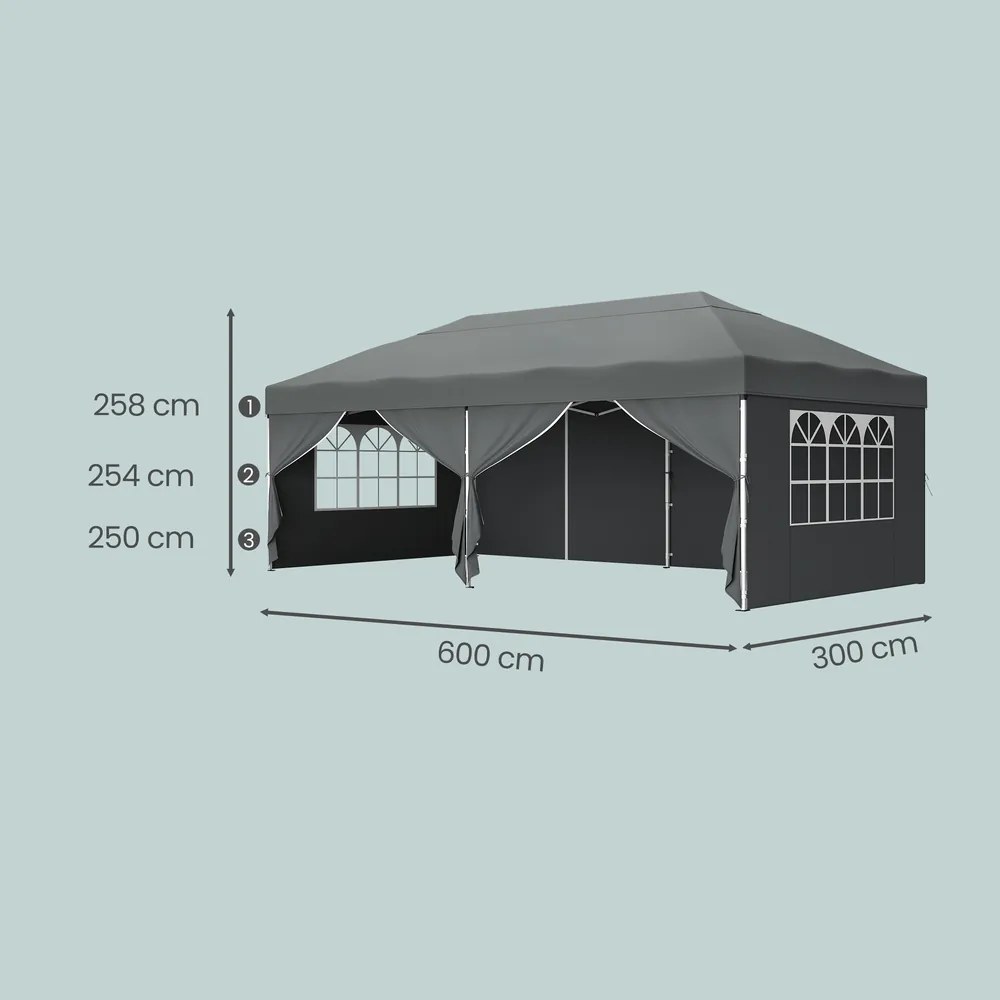 Tenda dobrável de 6 x 3 m, com paredes laterais, resistente, pavilhão para jardim, eventos, feiras cinzenta