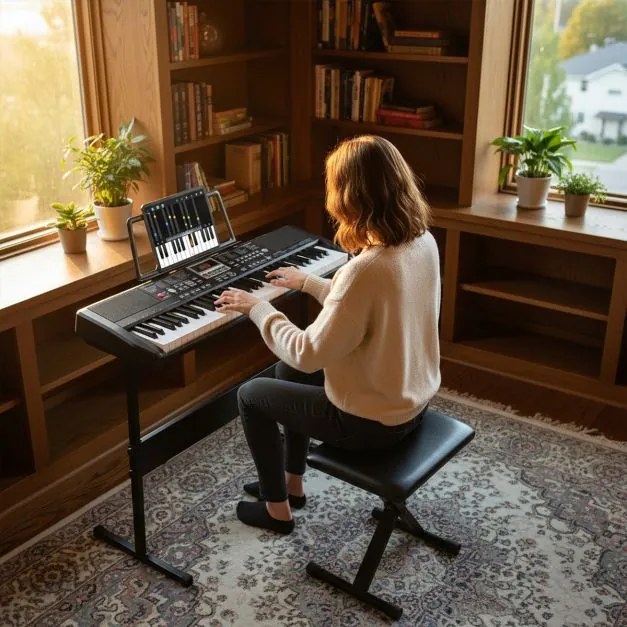 Teclado eletrónico de 61 teclas para principiantes com suporte e banco ajustáveis 200 ritmos e tons 70 demos para todas as idades Preto