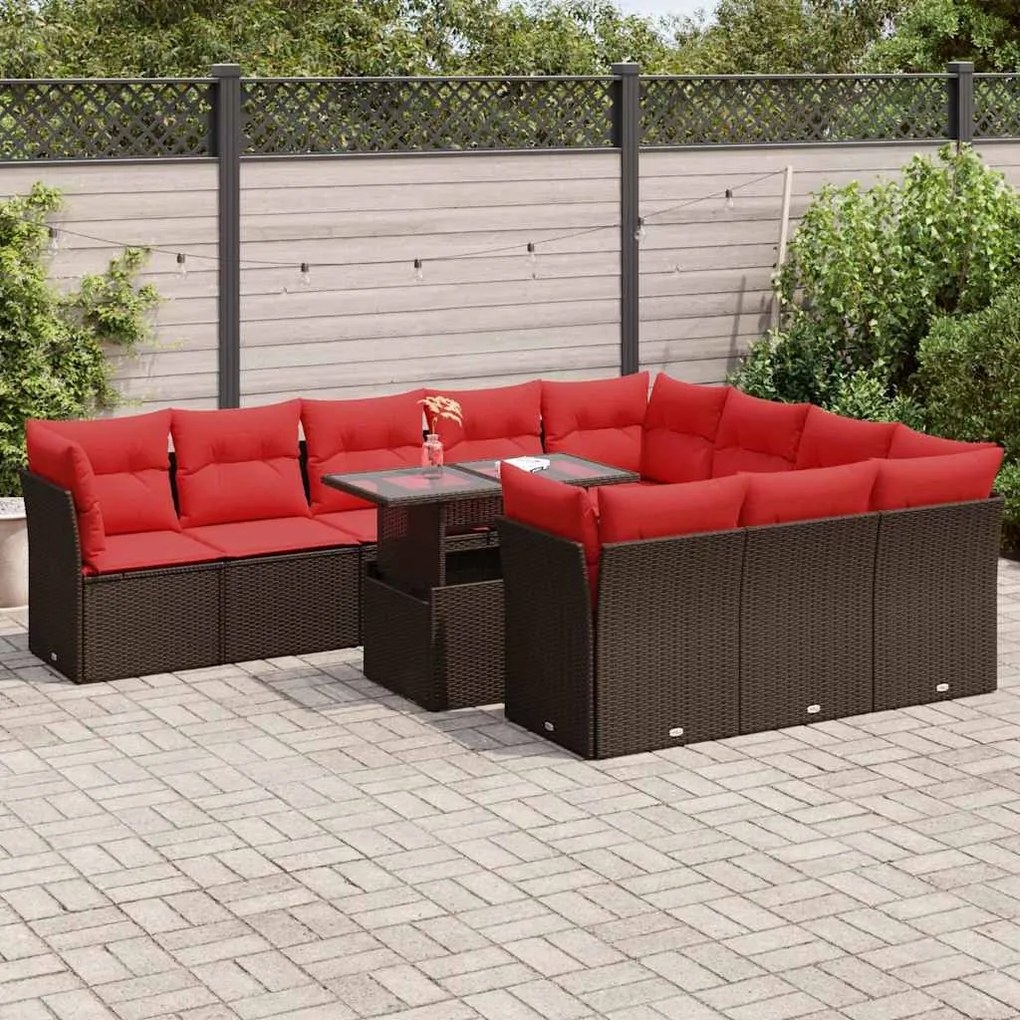 11 pcs conj. sofás jardim c/ almofadões vime PE/acácia castanho