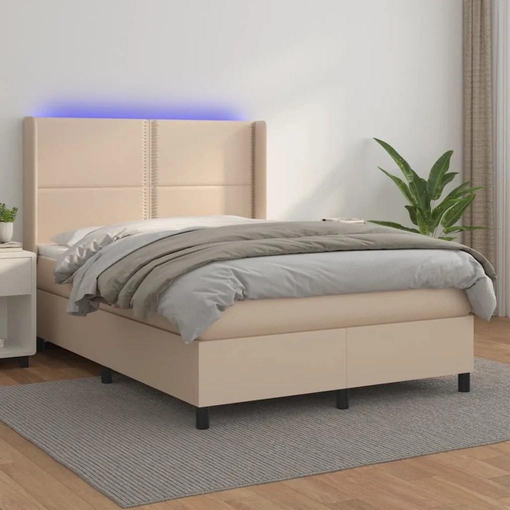 Cama box spring c/colchão/LED 140x190cm couro artif. cappuccino