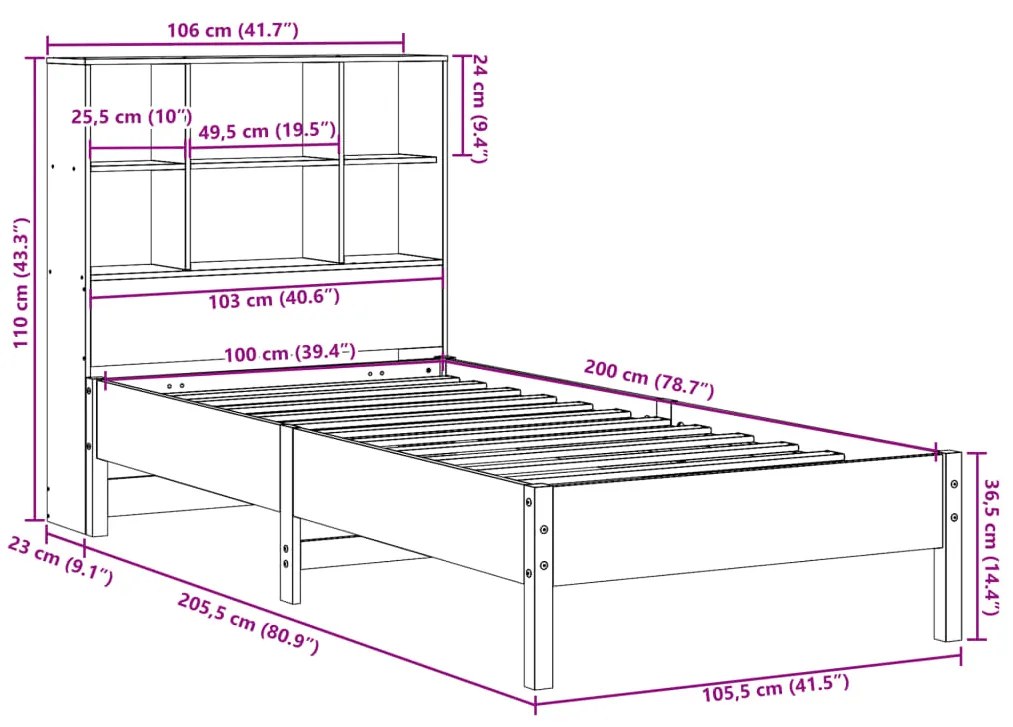 Cama com estante sem colchão 100x200 cm pinho maciço branco