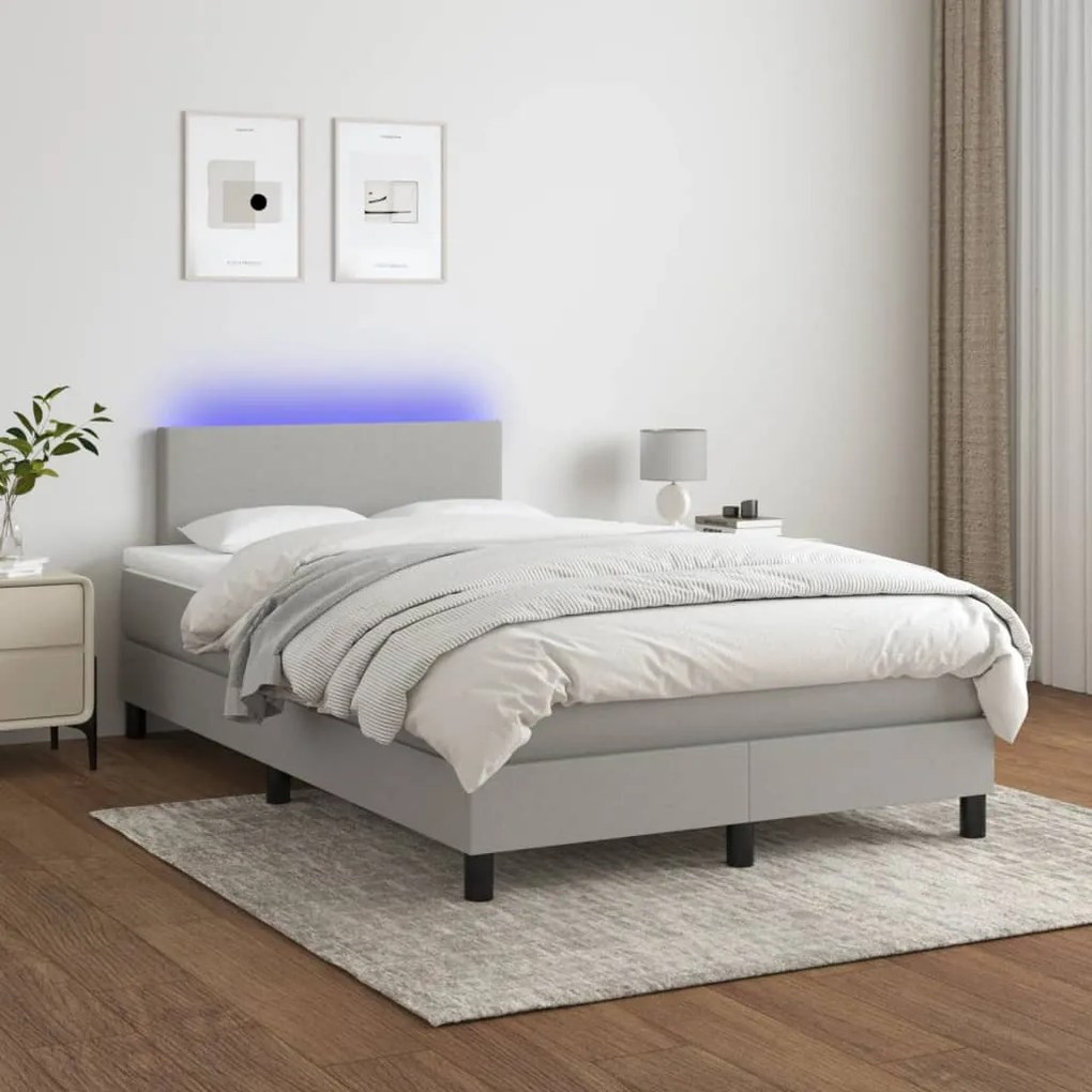 Cama box spring c/ colchão e LED 120x190 cm tecido cinza-claro