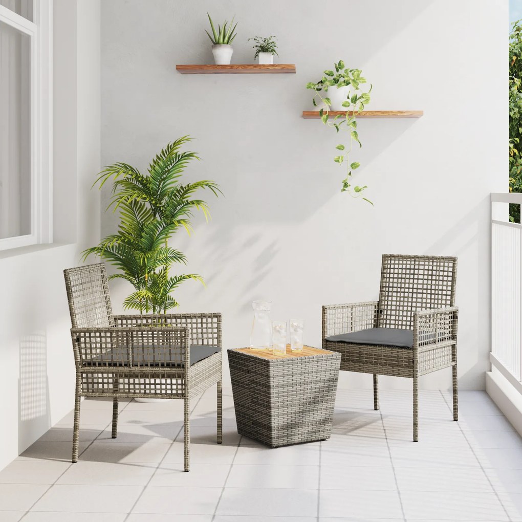 Conjunto de Bistro de Jardim VidaXL com 3 Peças e Almofadas Cinza Rattan Poliéster
