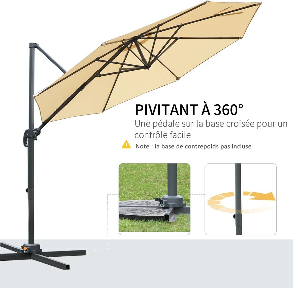Guarda-sol octogonal inclinável Ø 2,95, com rotação de 360°, pé em cruz, 8 cordas, manivela incluída e estrutura em alumínio bege