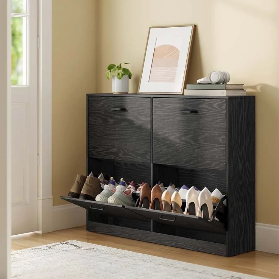 Armário para sapatos  24 x 105,5 x 82,7 cm  com 4 portas e divisória ajustável em preto