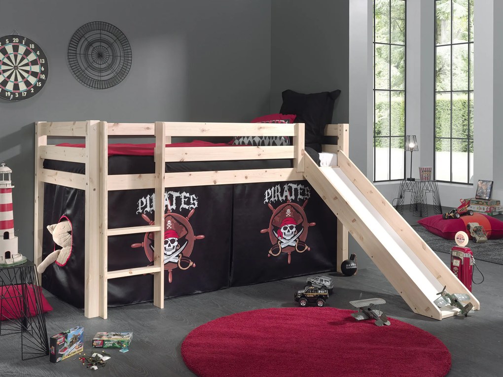 Conjunto Cama alta de Criança PINO 90 x 200 cm + estrado + escada + escorrega + cortina Piratas Natural