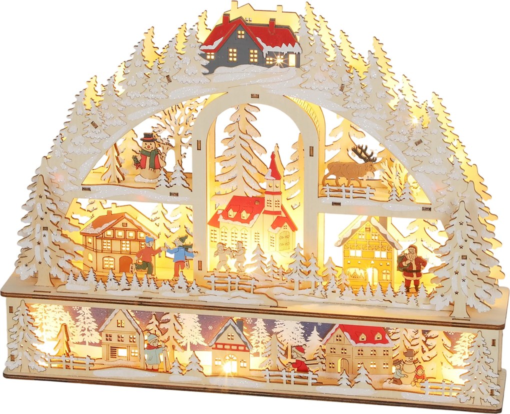 Aldeia de Natal iluminada com 20 LEDs, aldeia de Natal animada em forma de arco, funciona a pilhas, 45 x 10 x 35 cm, madeira natural