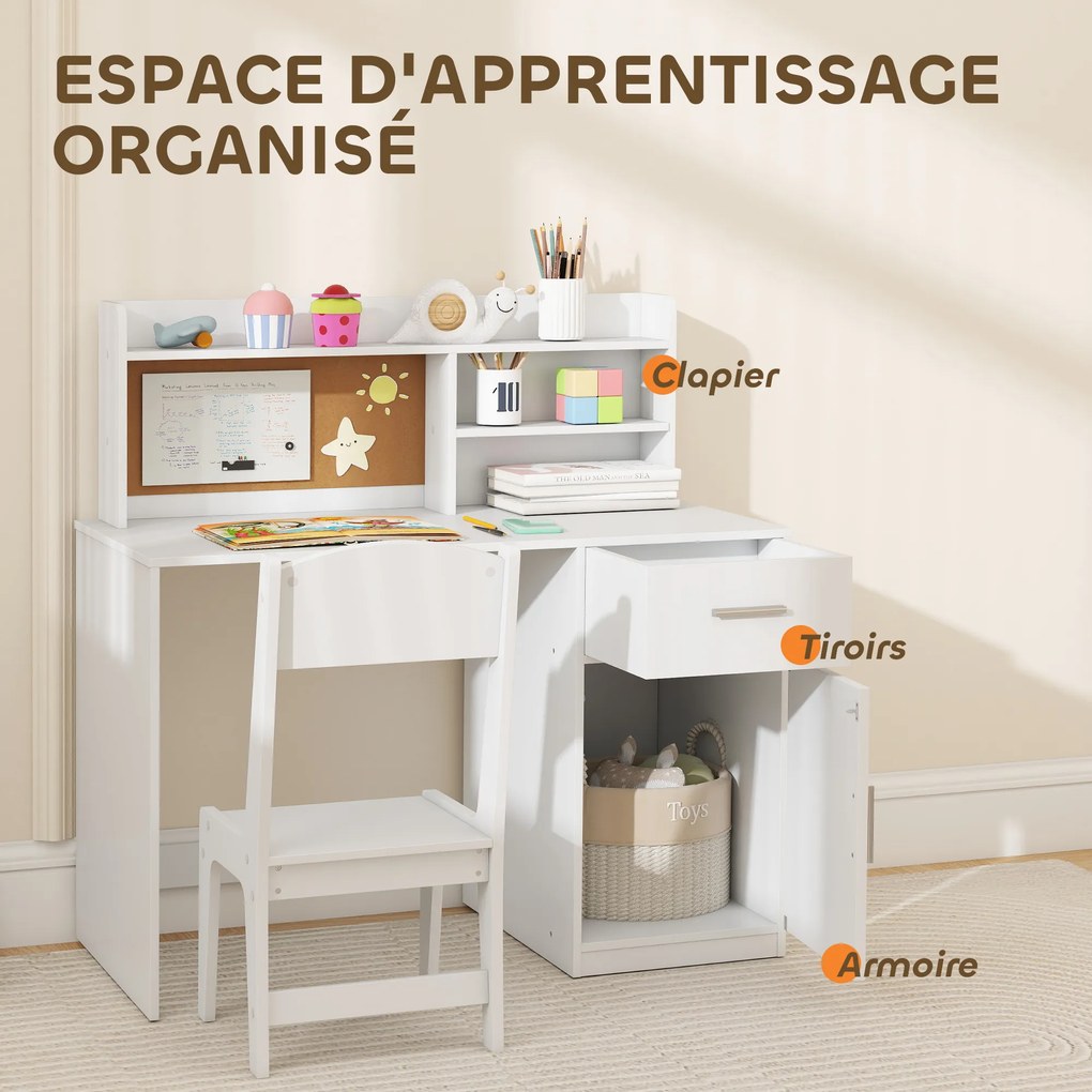 Secretária infantil com cadeira, mesa infantil com cadeira, gaveta, armário, compartimentos abertos, quadro de cortiça, branco