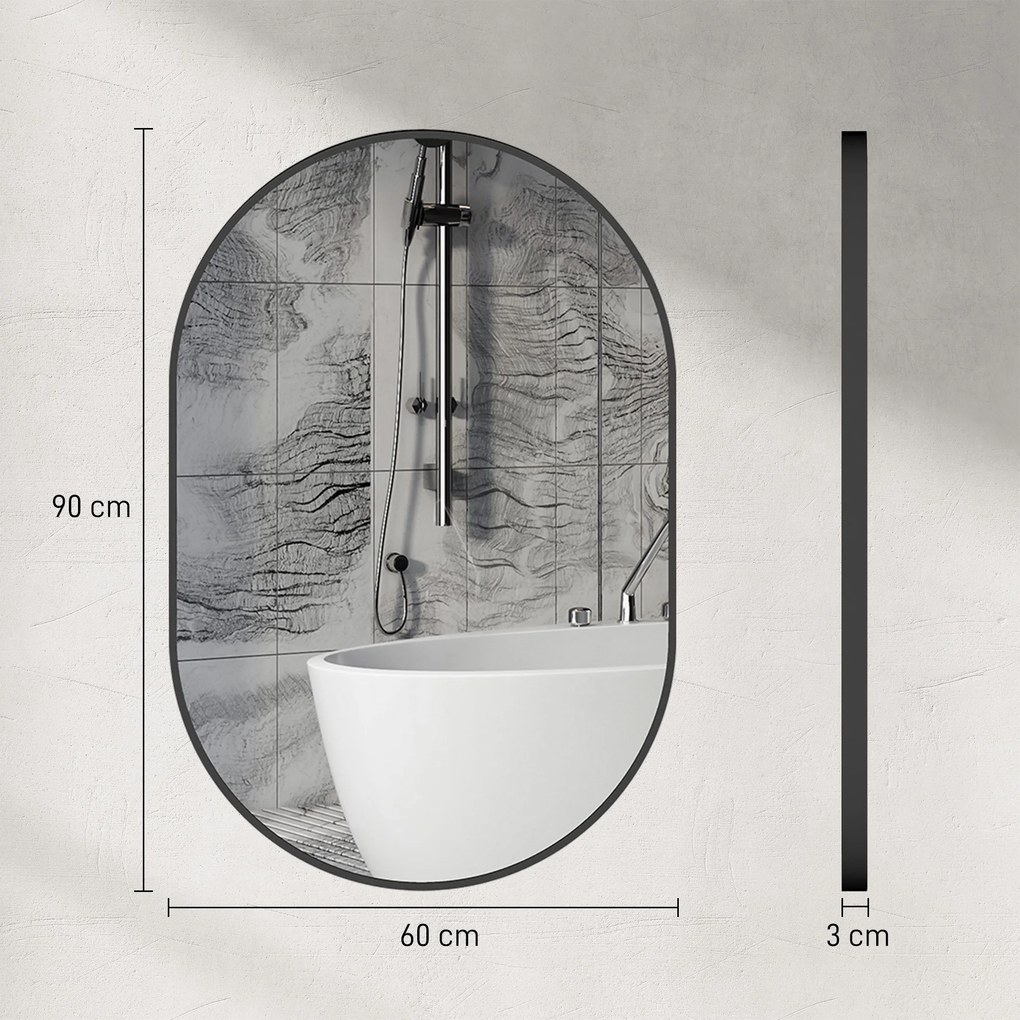 Espelho Casa de Banho Ovalado 60x90 cm Espelho Decorativo de Parede com Estrutura de Alumínio para Sala Corredor Preto