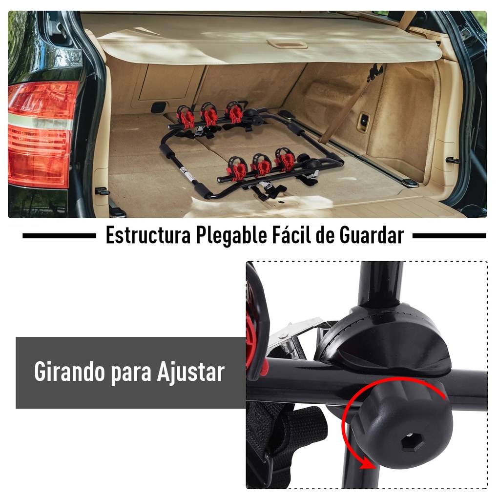 HOMCOM Suporte para Bicicletas Traseiro Dobrável com Correias Até 3 Bicicletas Suporte de Bicicleta Universal Carga 40 kg 68x52x60 cm Aço e Alumínio