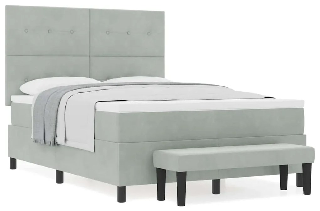 Cama Box Spring com Colchão &amp; Banco Cinza Claro 140x190 cm Veludo