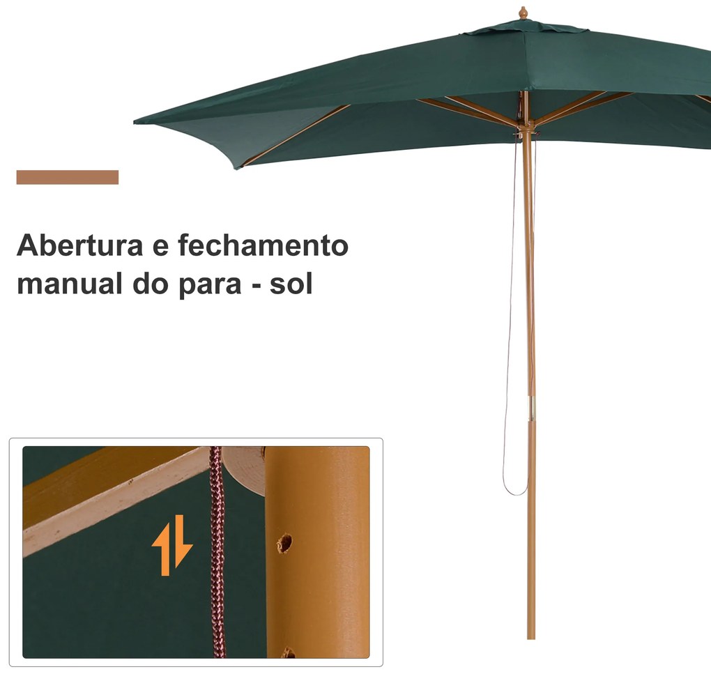 Outsunny Chapéu de Sol de Jardim com Sistema de Polia Teto Ventilado e Mastro de Madeira para Terraço Pátio Exterior 2,95x2x2,55m Verde