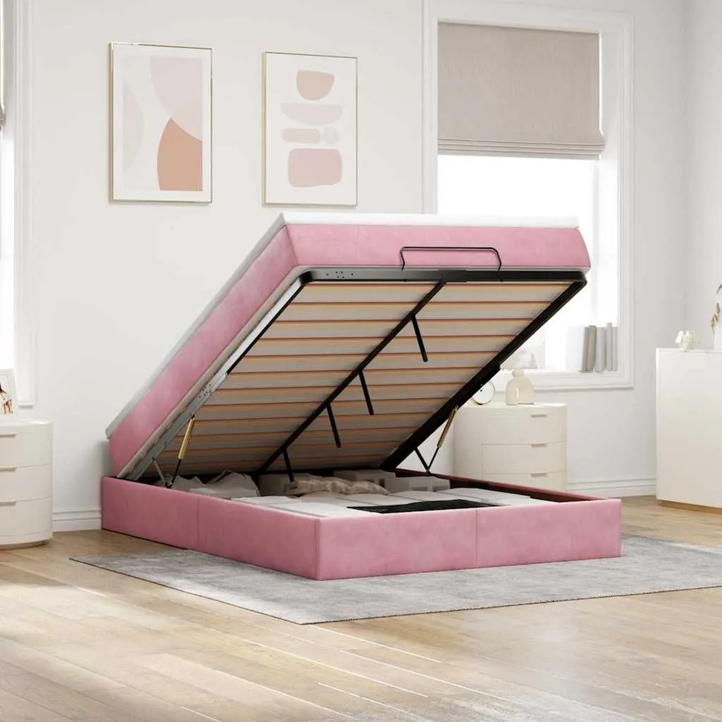 vidaXL Estrutura de cama otomana com colchão 140x200 cm veludo rosa